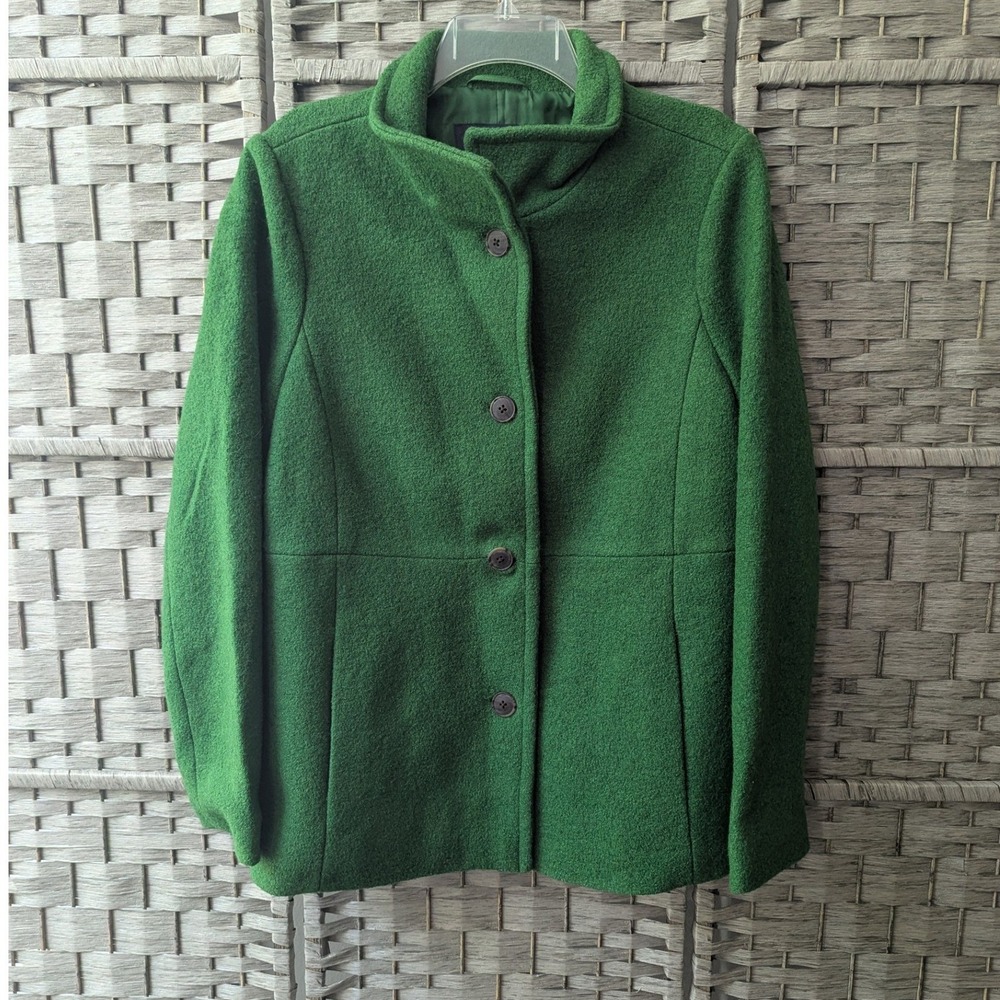 Lands' End Coat Green Wool Blend Funnel Neck Button Front Sz 16 Preppy Classic